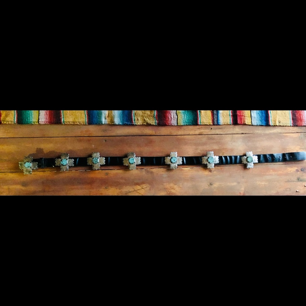 Black leather & Turquoise cross concho belt